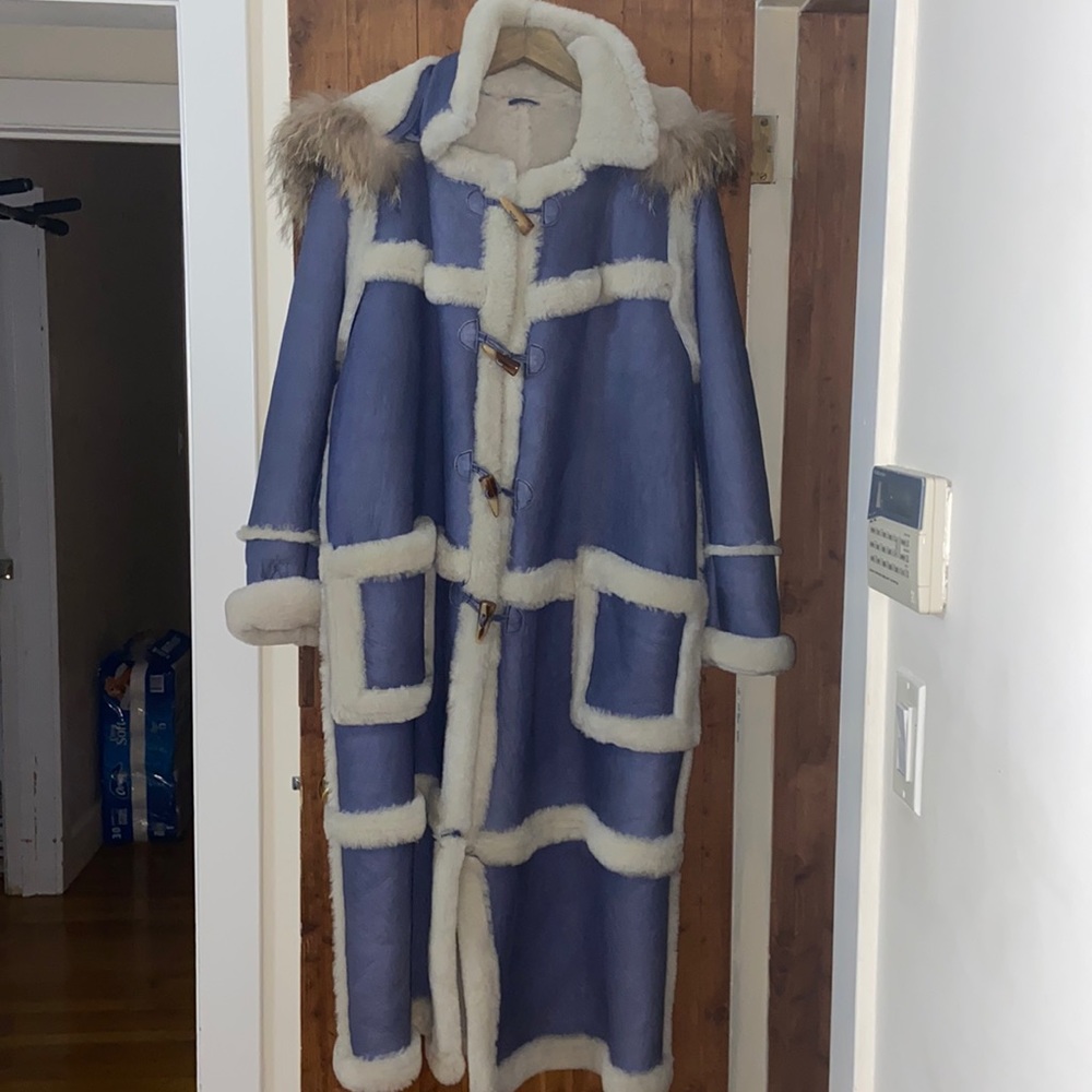 Blue Shearling with a fox trim hood